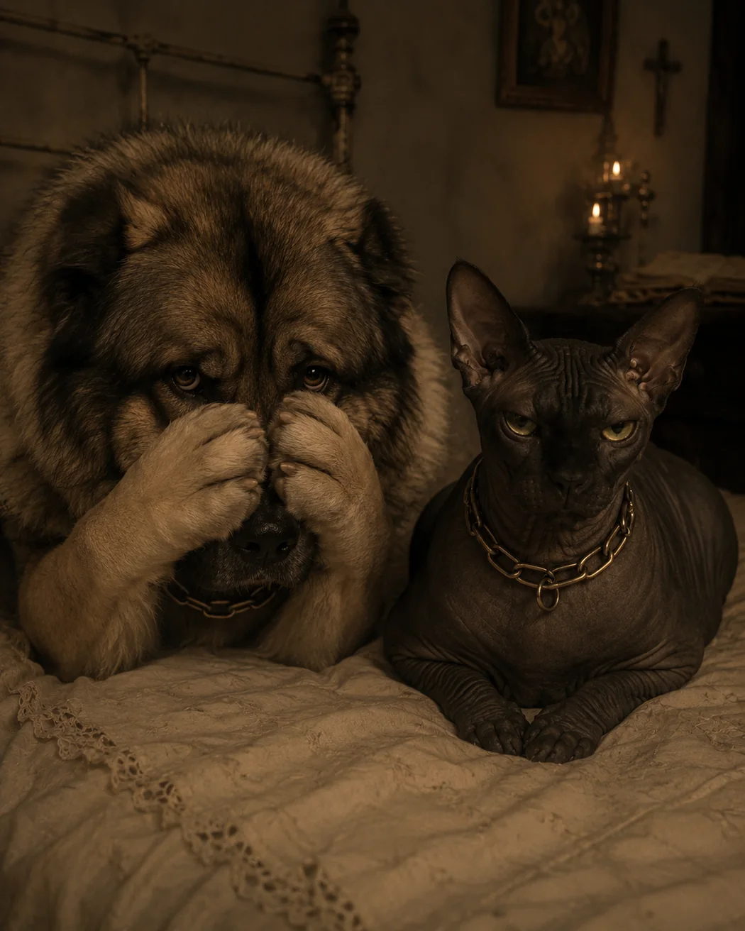 Cupcake the Caucasian Shepherd covering his eyes beside Bunny the hairless Sphynx cat.