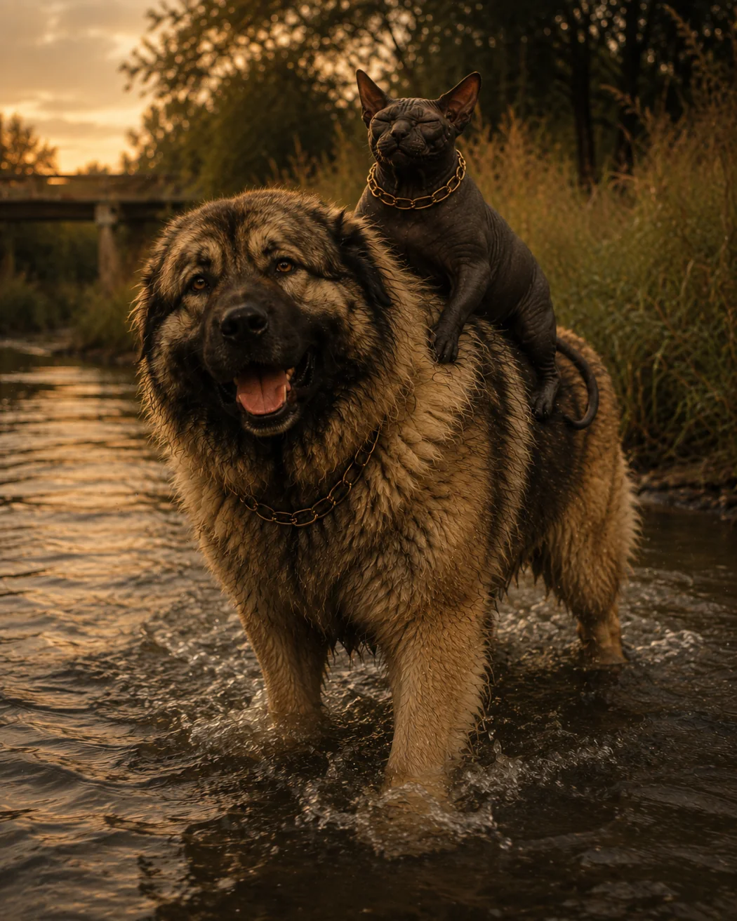 Bunny the hairless Sphynx riding on Cupcake the Caucasian Shepherd through shallow water.