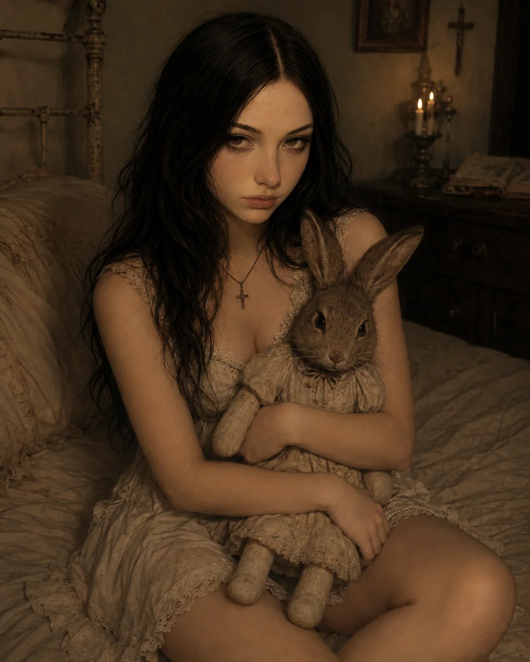 The Mama Anthem mascot sitting on a bed and holding a dressed rabbit doll.