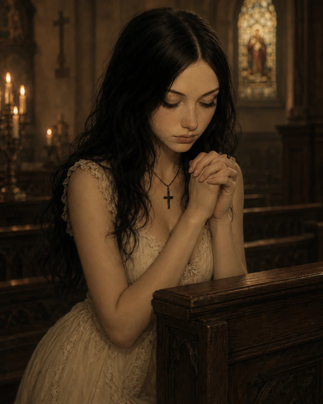 The Mama Anthem mascot seated in a dark church with hands clasped in prayer.